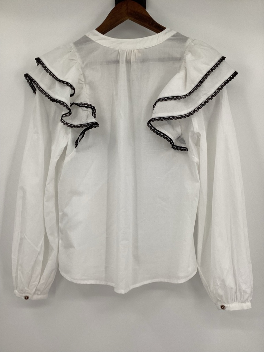 Women’s White Ruffle-Trim Button Front Blouse - Picture 3 of 11
